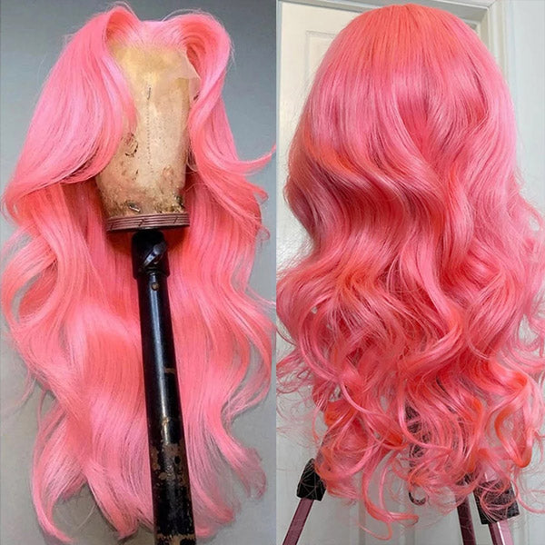 Pink Lace Front Wigs Body Wave Colored Wigs 30 Inch Transparent HD Human Hair Wigs With Natural Hairline