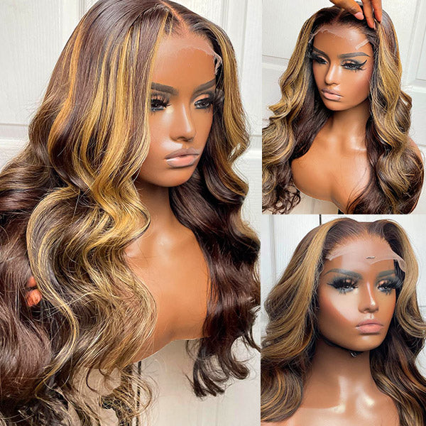32 Inch Balayage Highlight Wigs Body Wave Colored Wigs 13X4 Frontal Lace Wigs