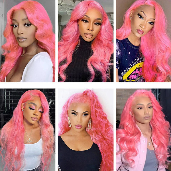 Pink Lace Front Wigs Body Wave Colored Wigs 30 Inch Transparent HD Human Hair Wigs With Natural Hairline