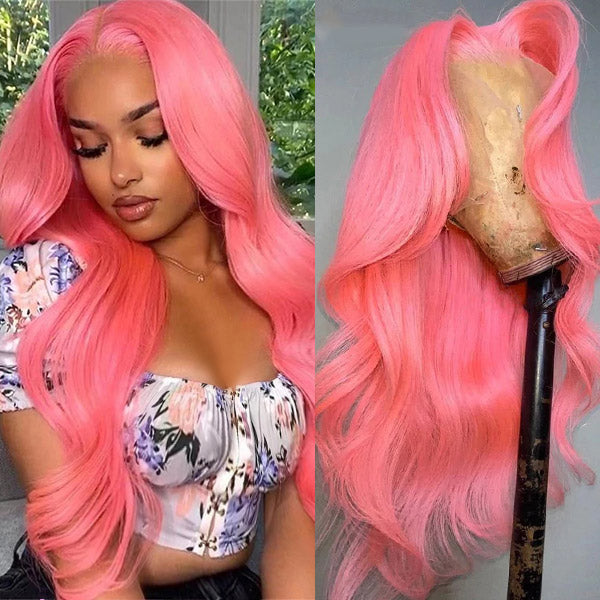 Pink Lace Front Wigs Body Wave Colored Wigs 30 Inch Transparent HD Human Hair Wigs With Natural Hairline