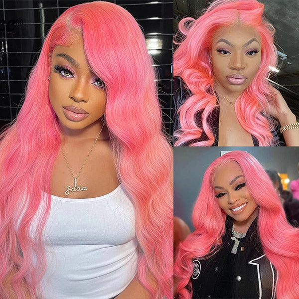 Pink Lace Front Wigs Body Wave Colored Wigs 30 Inch Transparent HD Human Hair Wigs With Natural Hairline