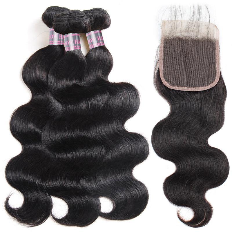 Ishow Hair Virgin Brazilian Body Wave Human Hair 3 Bundles with 4*4 Lace Closure