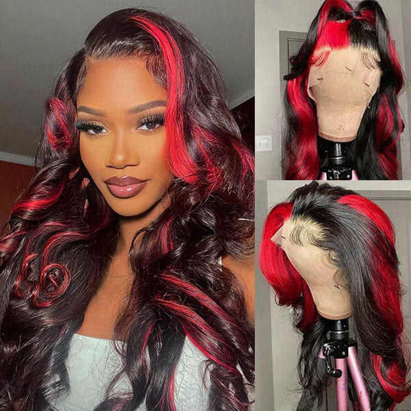 Products Rose Red With 613 Blonde Highlights 13x4 Colored Wigs Body Wave Human Hair HD Lace Front Wigs