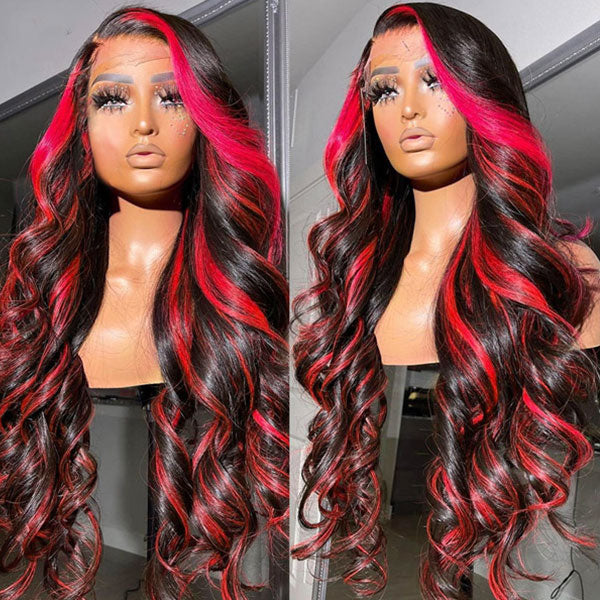 Products Rose Red With 613 Blonde Highlights 13x4 Colored Wigs Body Wave Human Hair HD Lace Front Wigs
