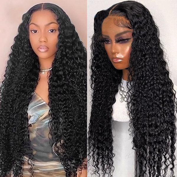 Ishow Beauty curly human hair wigs with various styling options including middle part, mini bun with baby hair, high ponytail, and braided top.