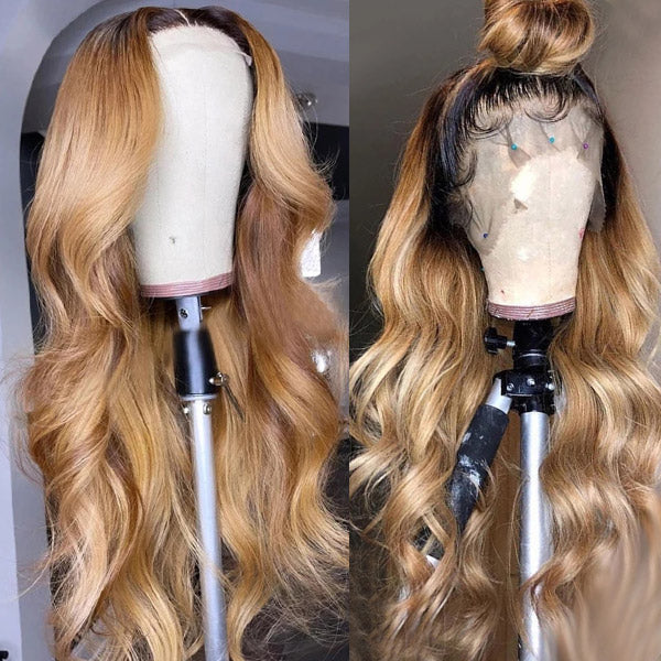 Ombre Honey Blonde Full Lace Wigs Body Wave Human Hair Wigs With Baby Hair 180% Density Colored Lace Front Wigs
