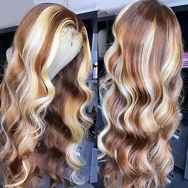 Products Brown Wig With Blonde Highlights P4/613 Colored Wigs 13x4 HD Lace Front Wigs Long Body Wave Human Hair