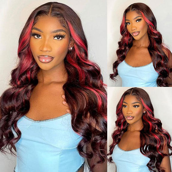 Products Rose Red With 613 Blonde Highlights 13x4 Colored Wigs Body Wave Human Hair HD Lace Front Wigs