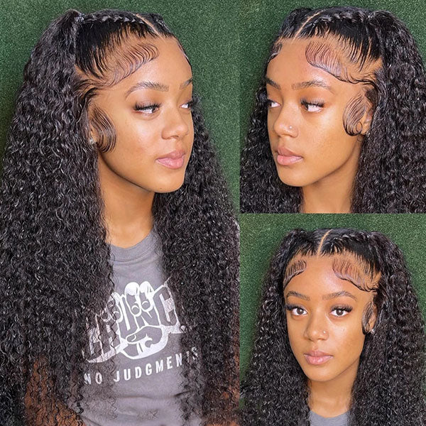 Kinky Curly Human Hair Wig Styled in High Ponytails With Natural Texture and Baby Hairs