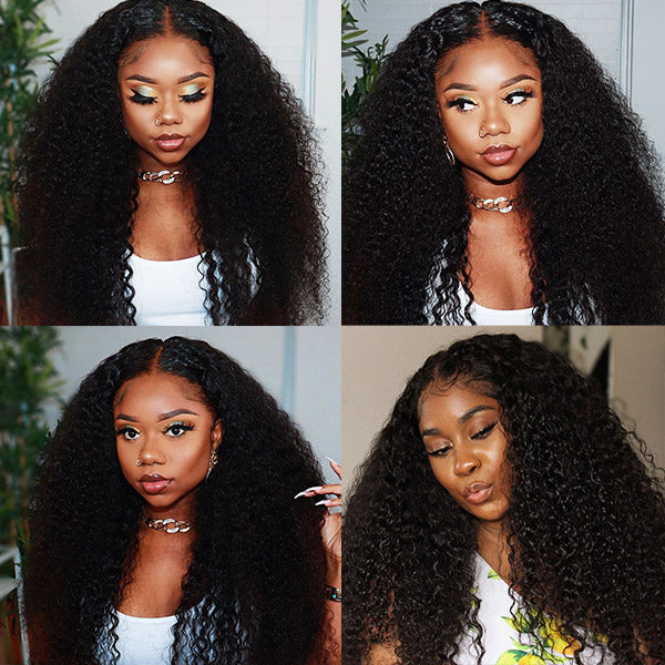 Voluminous Curly Human Hair Wig Styled With Natural Makeup in Four Different Angles