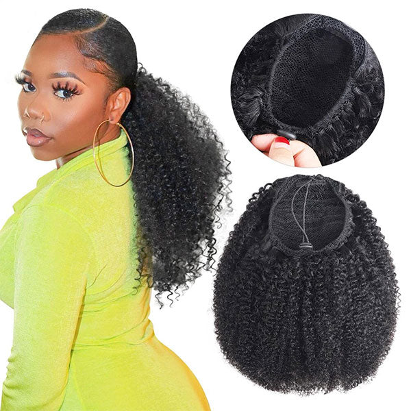 Drawstring Ponytail Afro Curly Human Hair Clip in Hair Extension in Ponytail