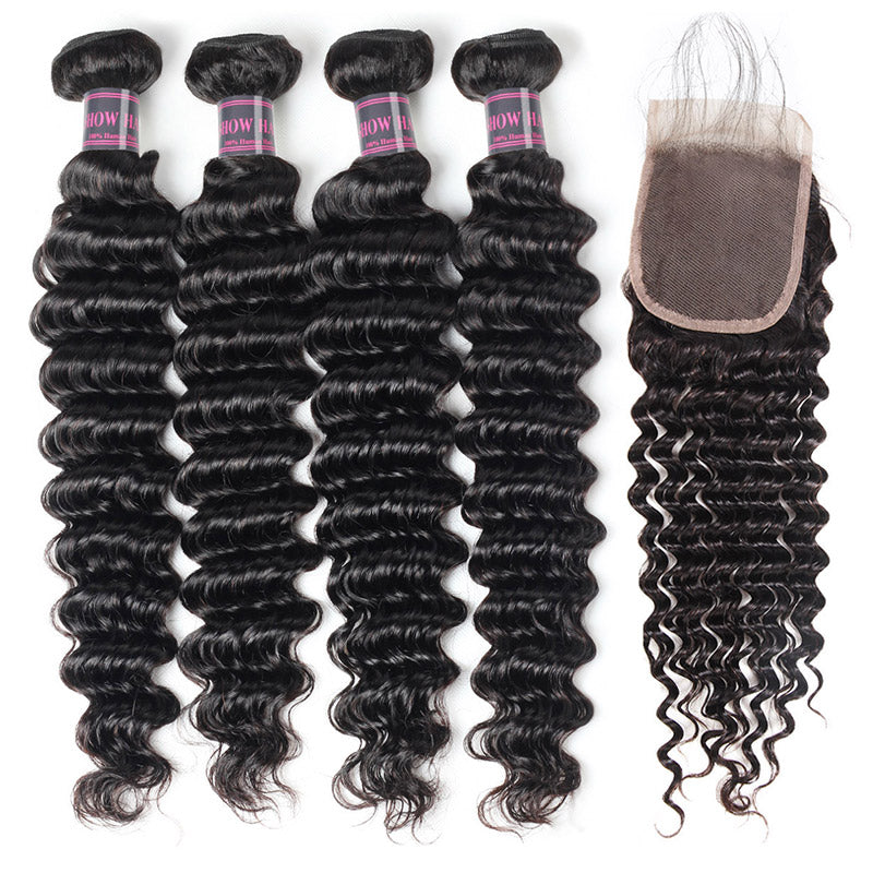 Ishow Hair Malaysian Deep Wave Human Hair 4 Bundles With Lace Closure - IshowHair