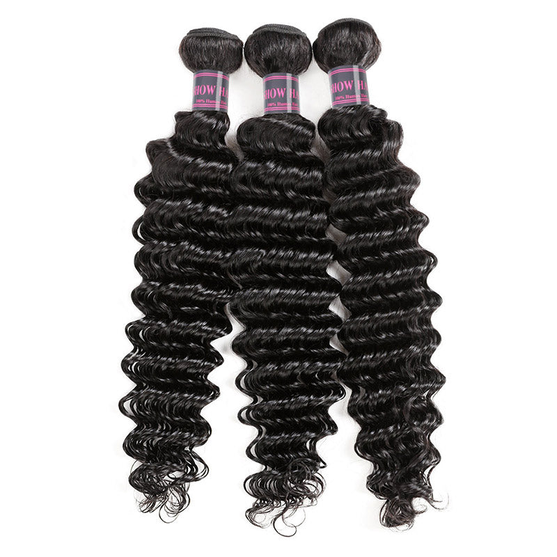 Virgin Malaysian Deep Wave Hair 3 Bundles With 13*4 Lace Frontal Ishow Hair