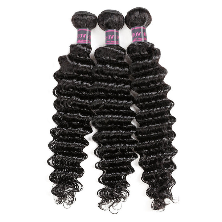 Virgin Malaysian Deep Wave Hair 3 Bundles With 13*4 Lace Frontal Ishow Hair