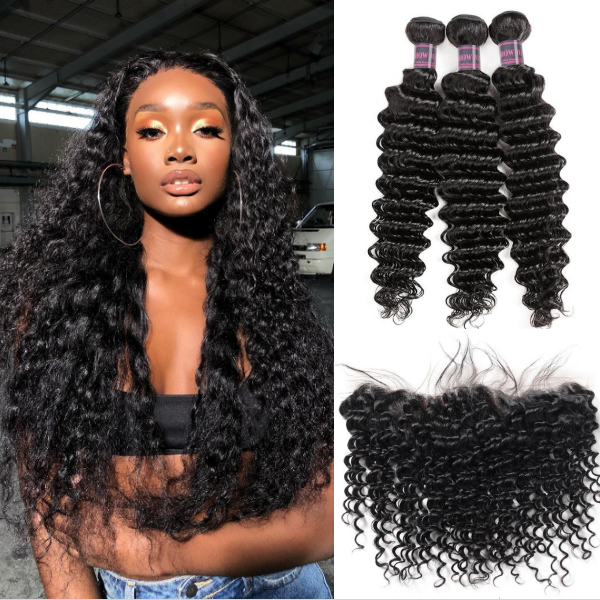 Woman with Deep Wave Brazilian Hair bundle and 13x4 Lace Front Closure, showcasing full and voluminous natural black deep wave texture.