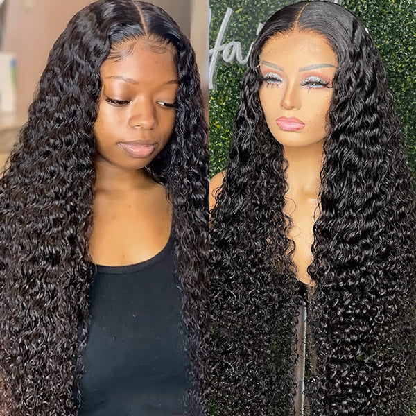Mannequin head with Deep Curly Lace Closure Wig 4x4, 100% Peruvian Human Hair, natural deep wave texture and high volume.