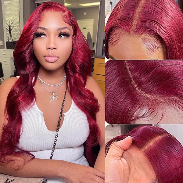 Model in 99J Burgundy Glueless Wig With Body Waves and Lace Closure Details
