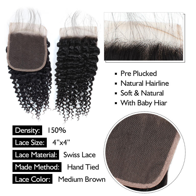 4*4 Free Part Lace Closure Ishow Curly Wave Hair Extensions 8-20 inches Virgin Remy Human Hair Swiss Lace Baby Hair - IshowVirginHair