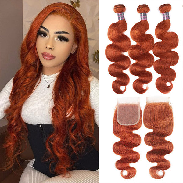 Ginger Orange Body Wave Human Hair Wig with Lace Closure styled on a woman shown from different angles, showcasing its natural hairline, soft texture, and vibrant color. Available in various lengths and features 3 bundles with lace closure.