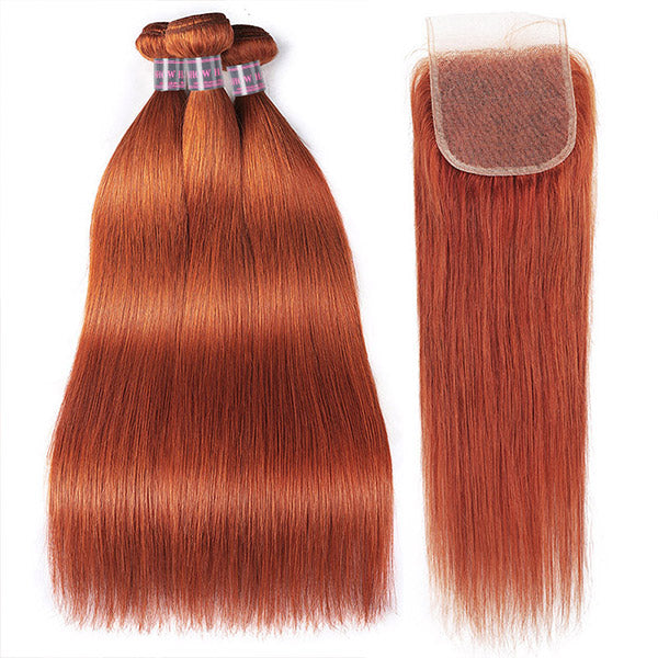 Ginger Bundles With Closure Straight Hair 3 Bundles With Lace Closure Brazilian Human Hair