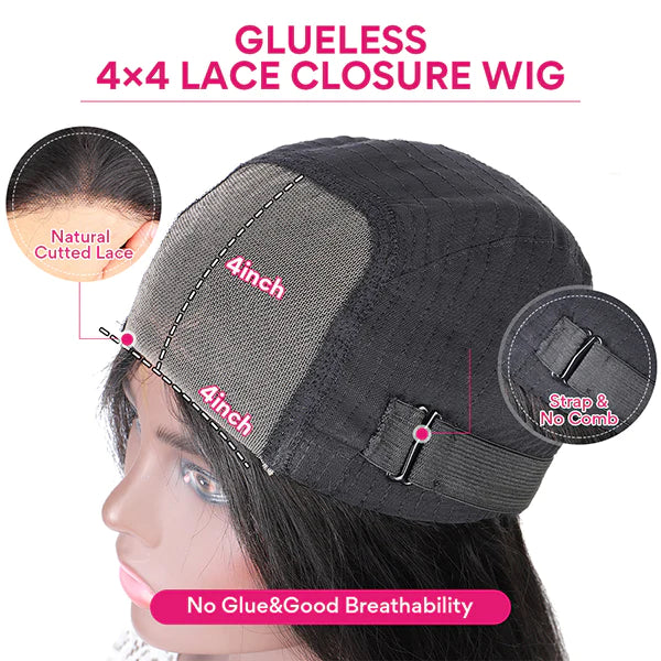 Glueless 4X4 Lace Closure Wig With Breathable Lace, Straps, and No Glue Needed