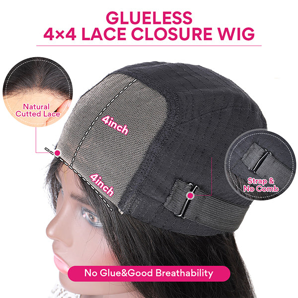 Glueless 4X4 Lace Closure Wig With Natural Cut Lace and Adjustable Straps