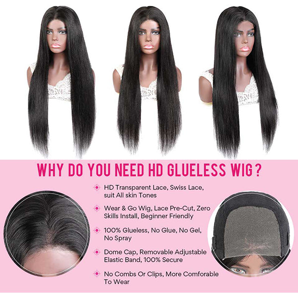 Glueless Wigs Straight Hair Lace Closure Wigs With Baby Hair 250% Density Human Hair Wigs