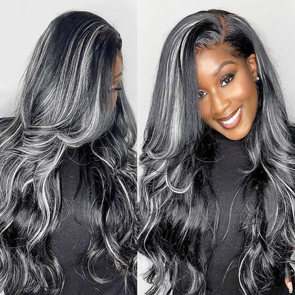 Grey Highlights Body Wave Human Hair Lace Front Wigs 30Inch Transparent 13x4 Lace Front Wig