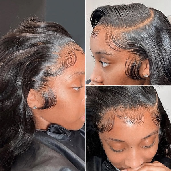 Side View of Natural Black Body Wave Lace Front Wig Styled With Baby Hairs