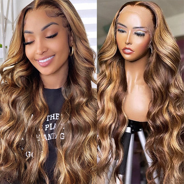 32 Inch Balayage Highlight Wigs Body Wave Colored Wigs 13X4 Frontal Lace Wigs