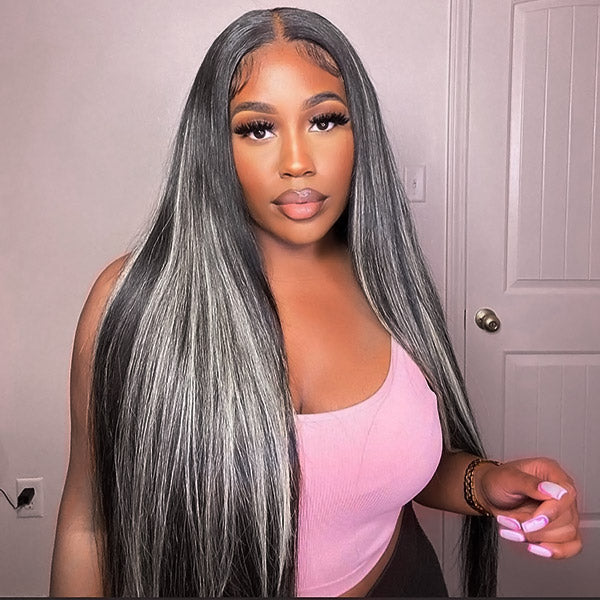 Gray Highlights On Black Hair Straight Lace Front Wigs 180% Density Colored Human Hair Wigs