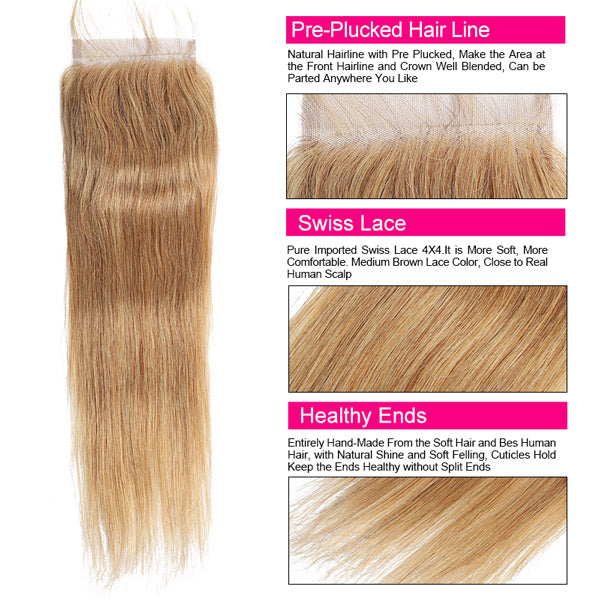 27# Honey Blonde Human Hair Bundles Straight Hair 3 Bundles With Lace Closure Color Hair Weave