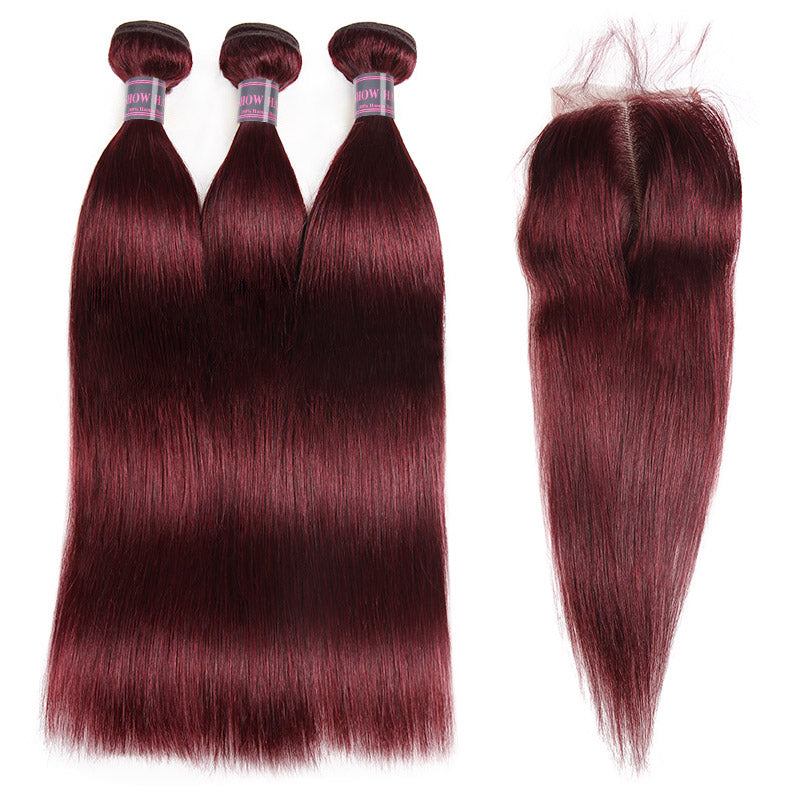 99J Bundles With Closure Remy Straight Human Hair Weave With Lace Closure Brazilian Hair