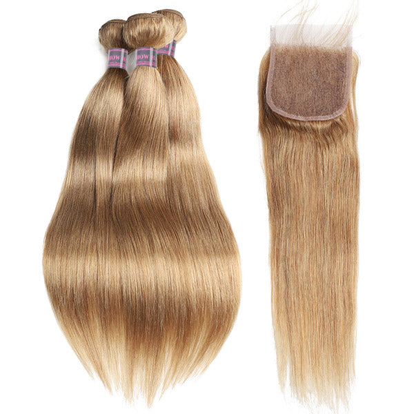 27# Honey Blonde Human Hair Bundles Straight Hair 3 Bundles With Lace Closure Color Hair Weave