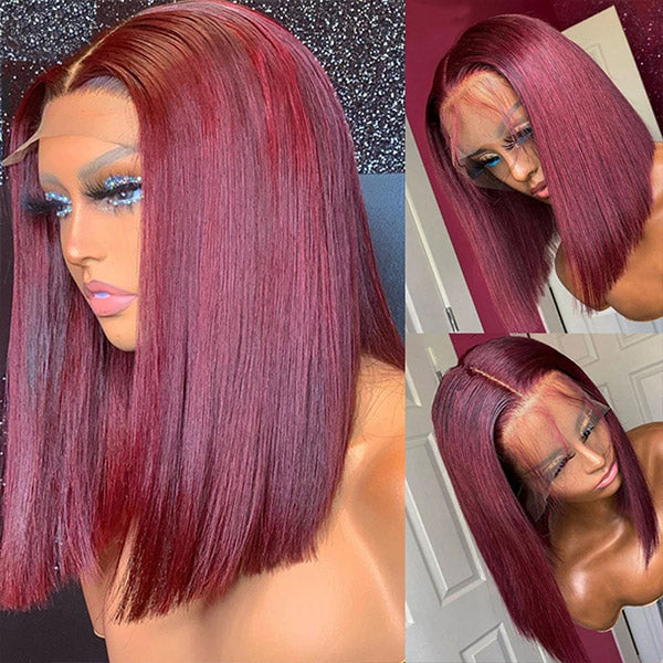 Short Bob Wigs Burgundy Bob Wig Human Hair Straight Lace Front Wigs With Baby Hair