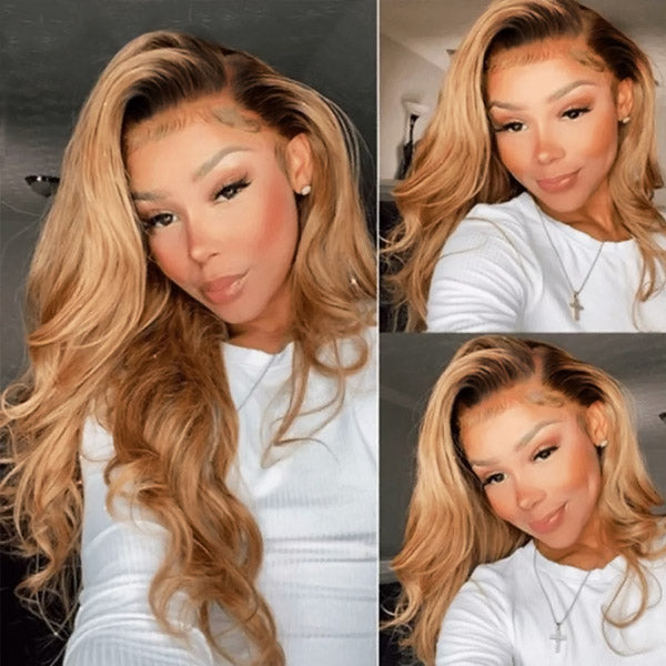 Ombre Honey Blonde Full Lace Wigs Body Wave Human Hair Wigs With Baby Hair 180% Density Colored Lace Front Wigs