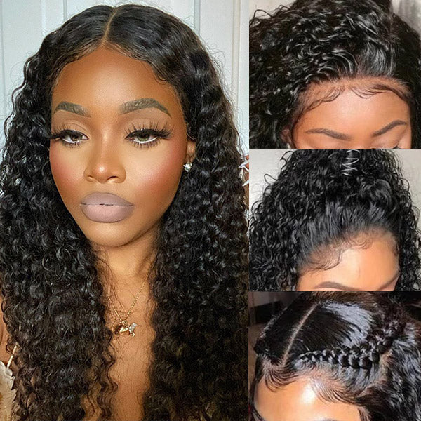 Glueless Lace Curly Wig Worn By a Woman With Natural Makeup and Styled Hair