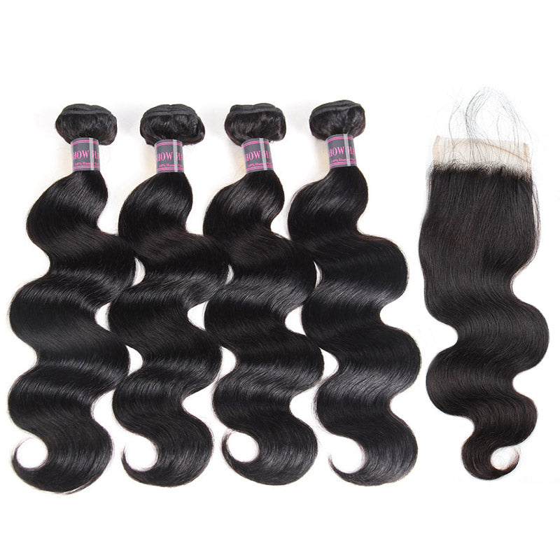 Virgin Indian Hair Body Wave Weave 4 Bundles With Lace Closure Ishow Hair