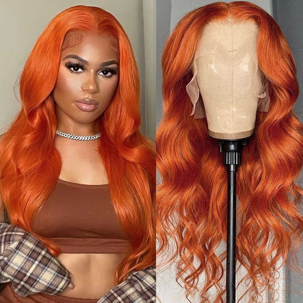 Vibrant Ginger Orange Lace Front Wig With Loose Waves On Mannequin and Modeled