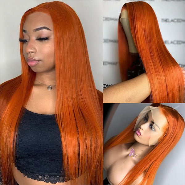 Model Showcasing Vibrantly Colored Ginger Orange Lace Front Wig With Straight Strands