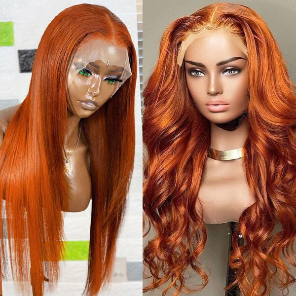Ginger Orange HD Lace Wig on mannequin head with straight hair texture, pre-plucked hairline, made from colored human hair on wig stand.