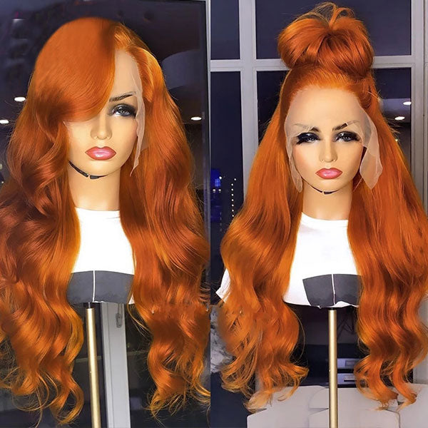 Ginger Orange Lace Front Wig On Mannequin Styled With Waves and an Updo
