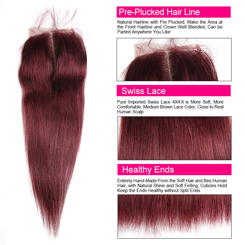 99J Bundles With Closure Remy Straight Human Hair Weave With Lace Closure Brazilian Hair