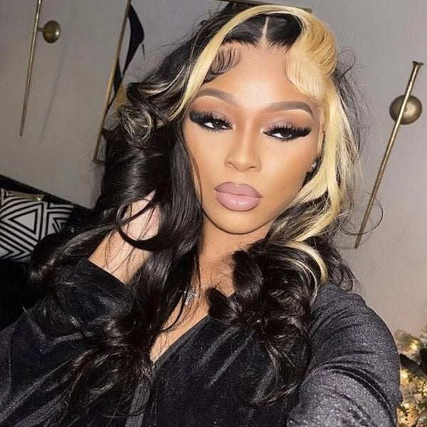 Skunk Stripe Hair Body Wave Front Wigs 30 Inch Lace Front Wigs With Baby Hair Colored Human Hair Wigs