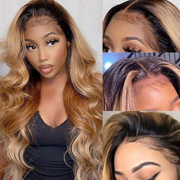 Ombre Honey Blonde Full Lace Wigs Body Wave Human Hair Wigs With Baby Hair 180% Density Colored Lace Front Wigs