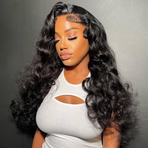Woman With Long Loose Wave Hairstyle Styled in 100% Human Hair Wig