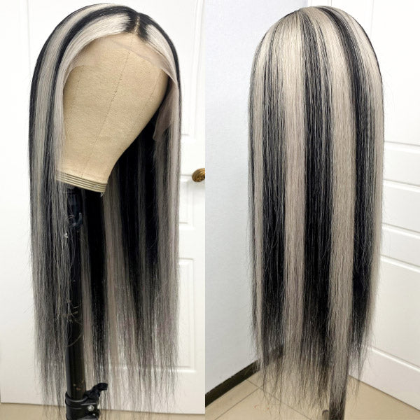 Gray Highlights On Black Hair Straight Lace Front Wigs 180% Density Colored Human Hair Wigs