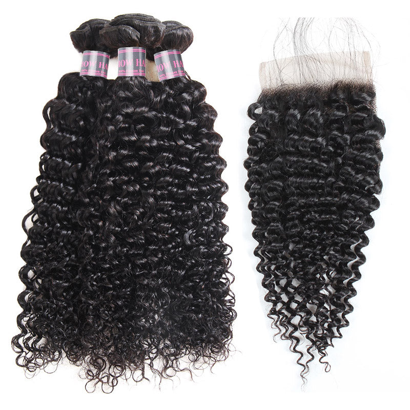 Virgin Peruvian Curly Hair 3 Bundles with 4x4 Lace Closure Ishow Human Hair Extensions