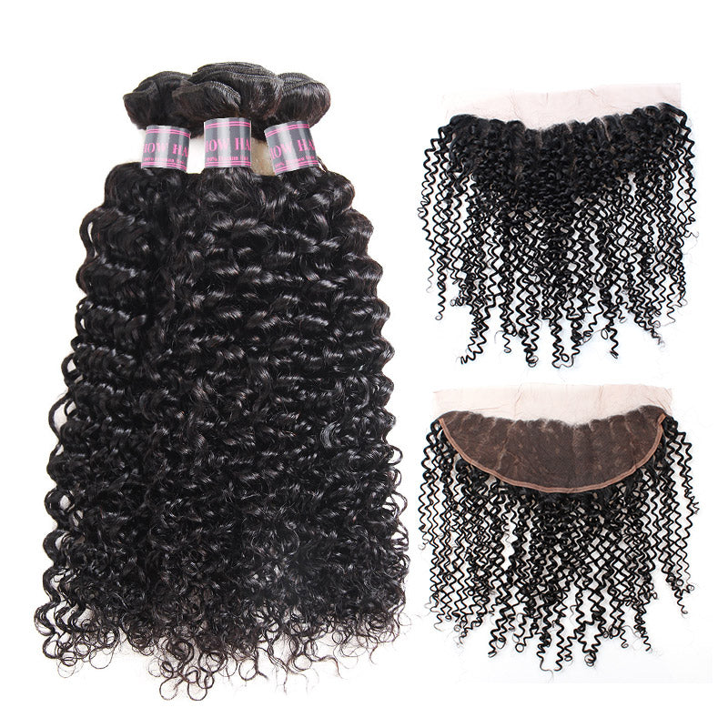 Virgin Peruvian Curly Hair 3 Bundles With 13*4 Lace Frontal Ishow Human Hair Extensions