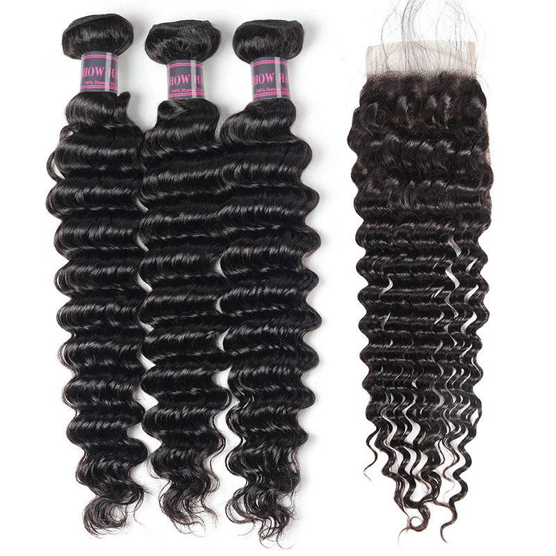 Peruvian Deep Wave Hair 3 Bundles with Lace Closure - IshowHair